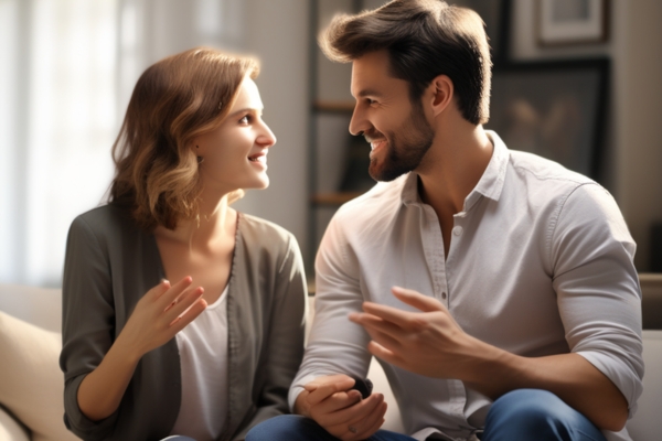 couple happily talking relationship issues