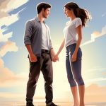 happy couple standing with sky background