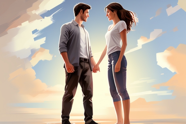 happy couple standing with sky background