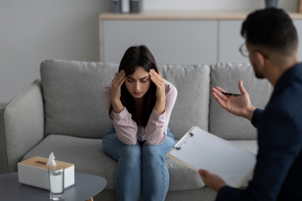 girl with professional counsel talking about marriage issues 